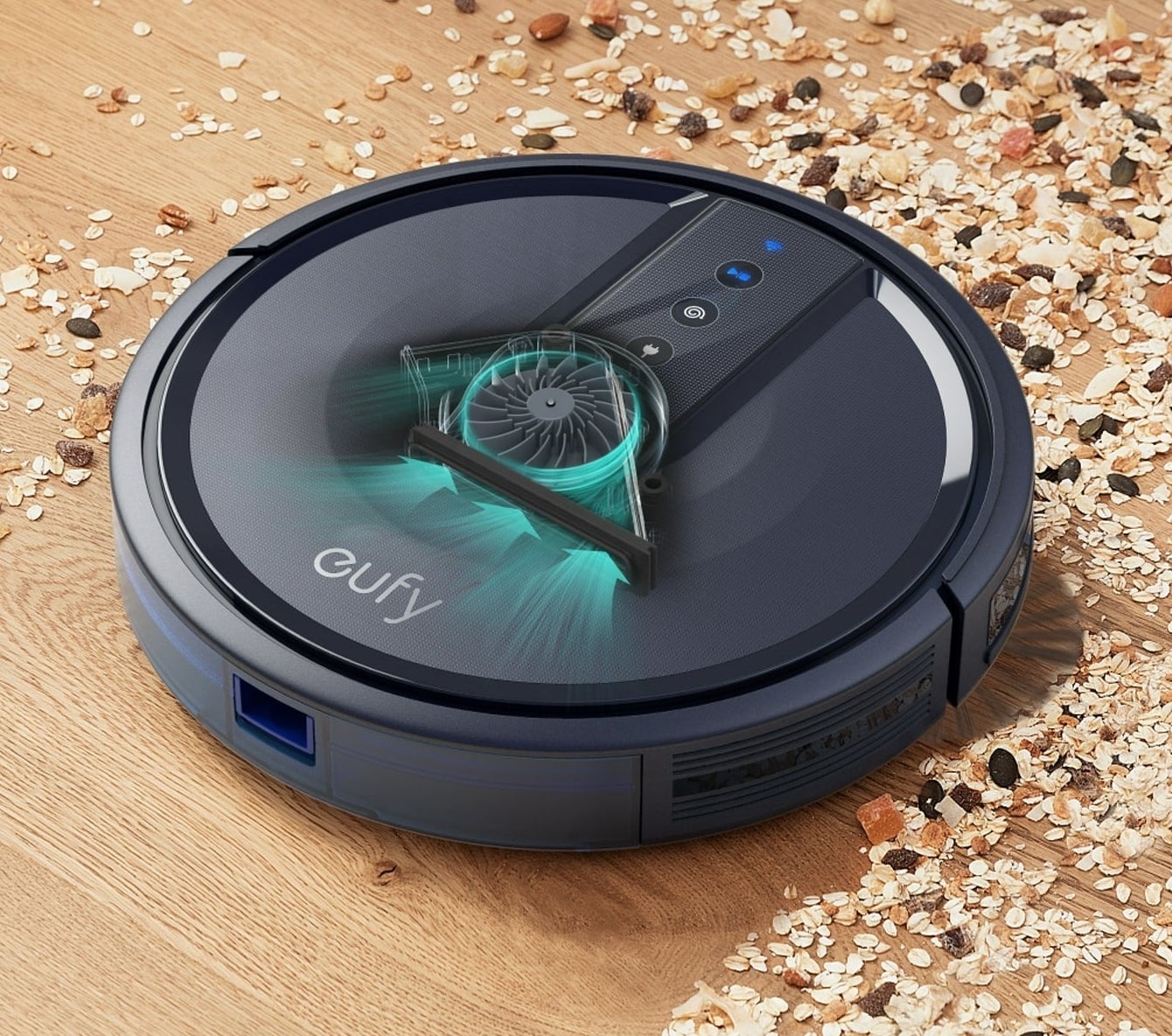 A robot vacuum cleaning a path through a pile of granola