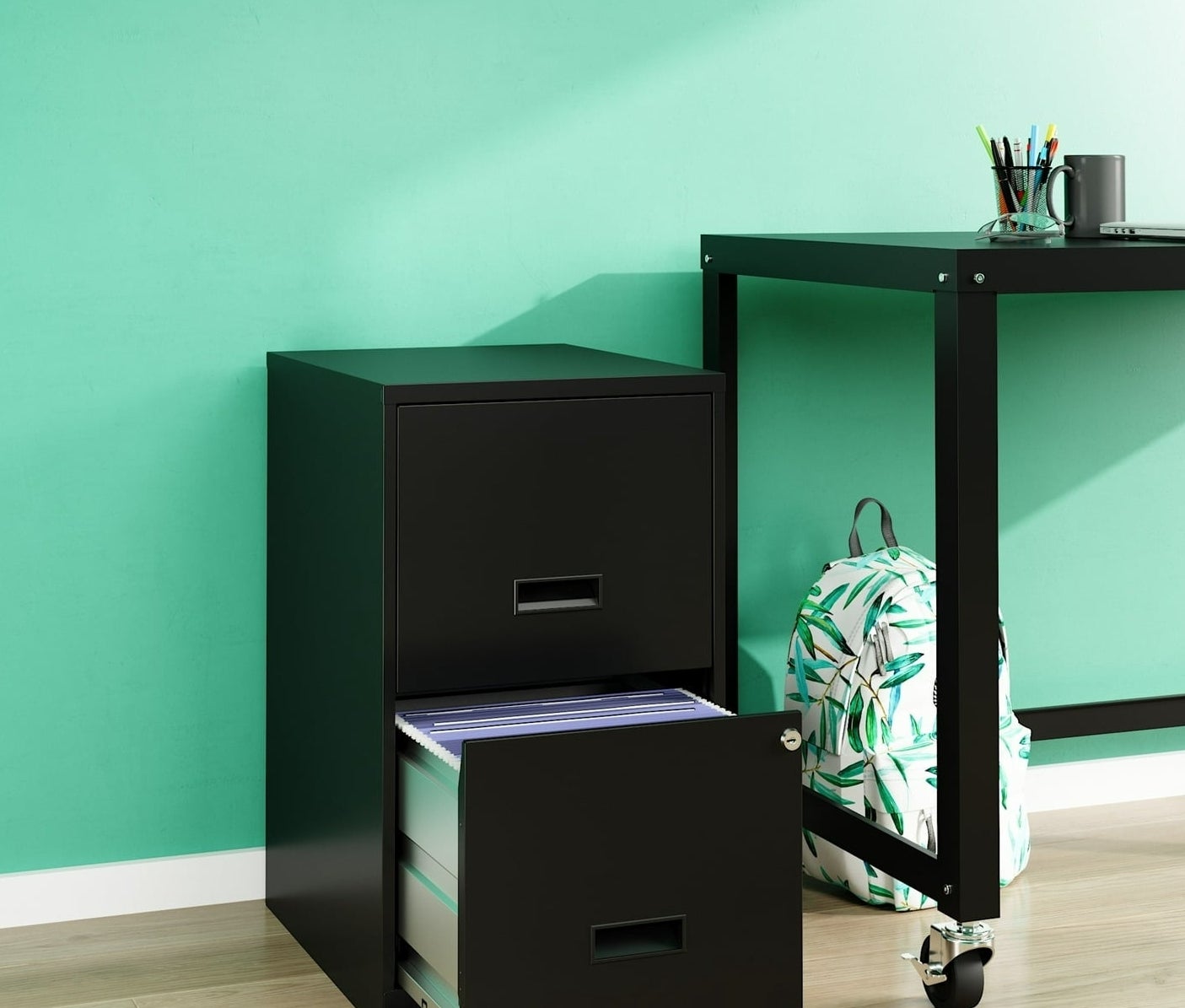 a black two drawer filing cabinet  in an office