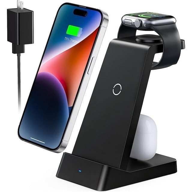 A wireless charging stand charging an iphone, apple watch, and airpods