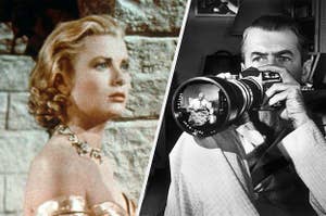 Grace Kelly in a dress and Jimmy Stewart holding a camera.