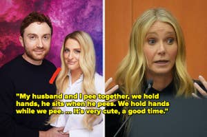 Daryl Sabara poses with a hand on Meghan Trainor's pregnant belly vs Gwyneth Paltrow looks shocked in court