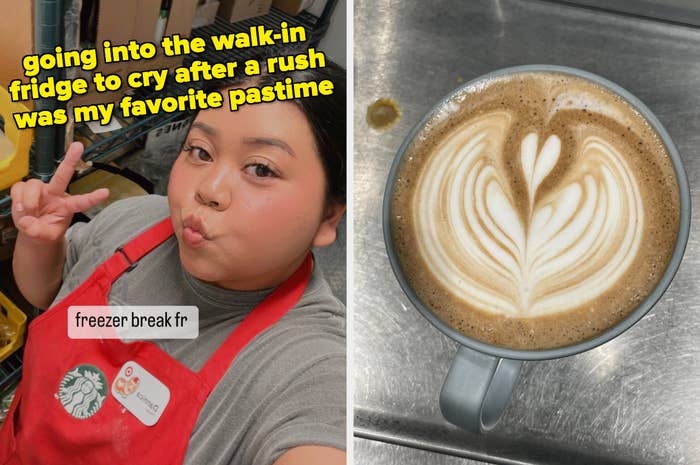 The author is throwing up a peace sign as she&#x27;s taking a break in the walk-in fridge. The caption reads, &quot;Going into the walk-in fridge to cry after a rush was my favorite pastime.&quot; On the right, there&#x27;s a latte that has a latte art winged-heart