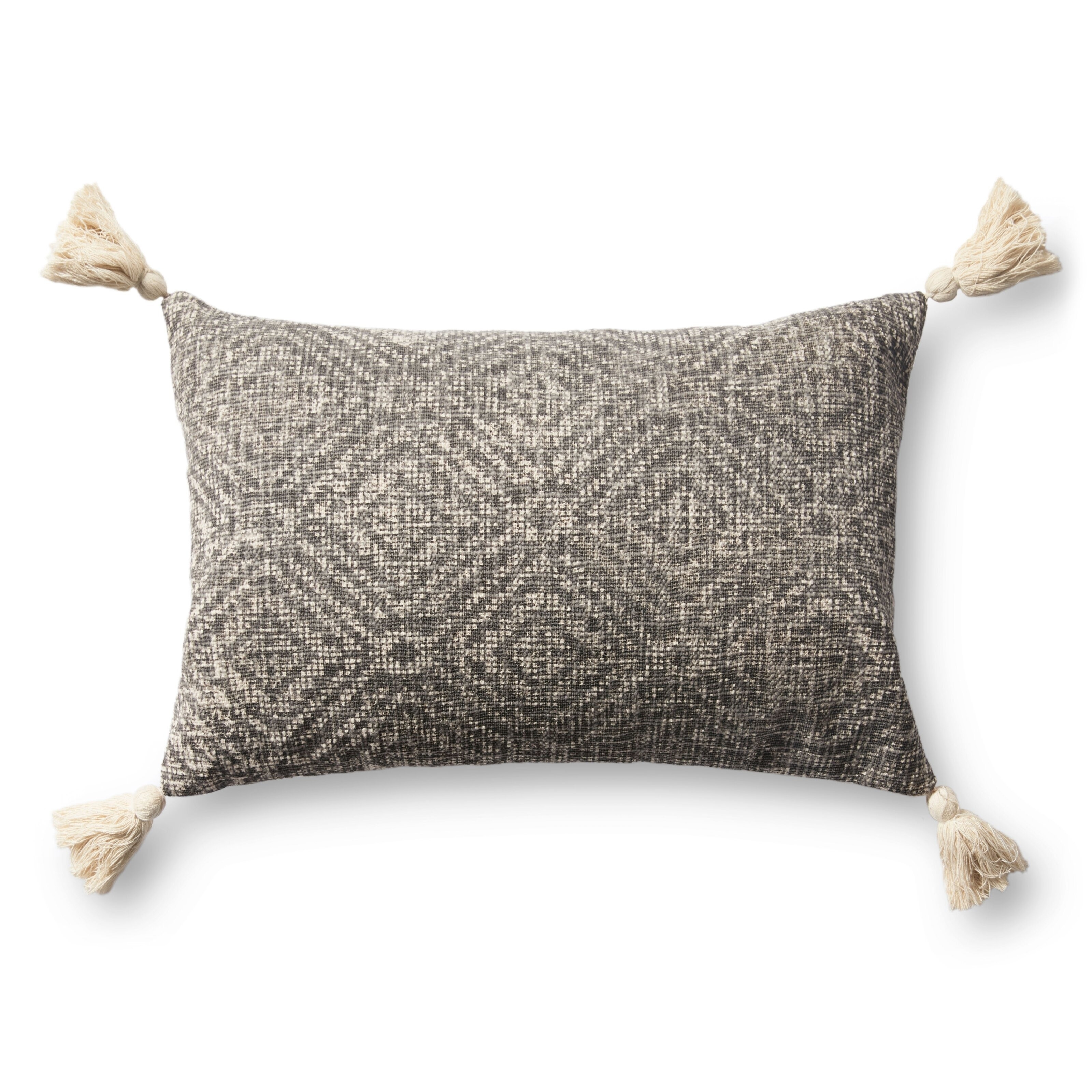 The pillow with a charcoal and white geometric pattern and a tassel on each corner