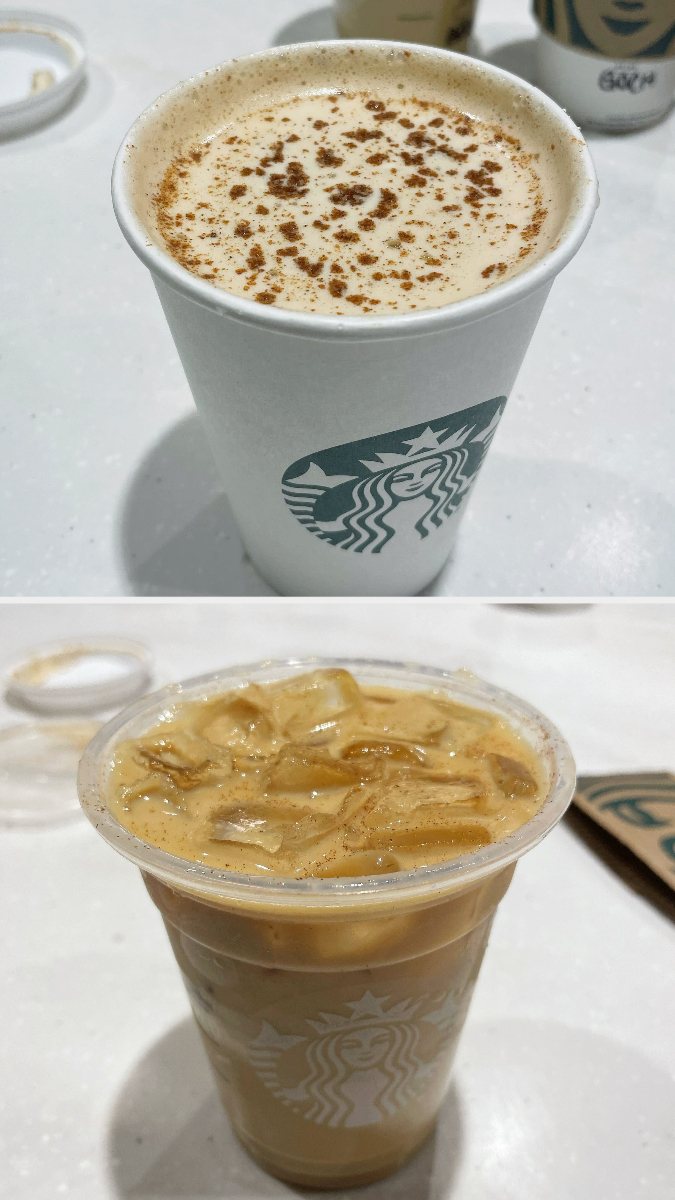 The hot and iced version of the Gingerbread Oatmilk Latte are being shown