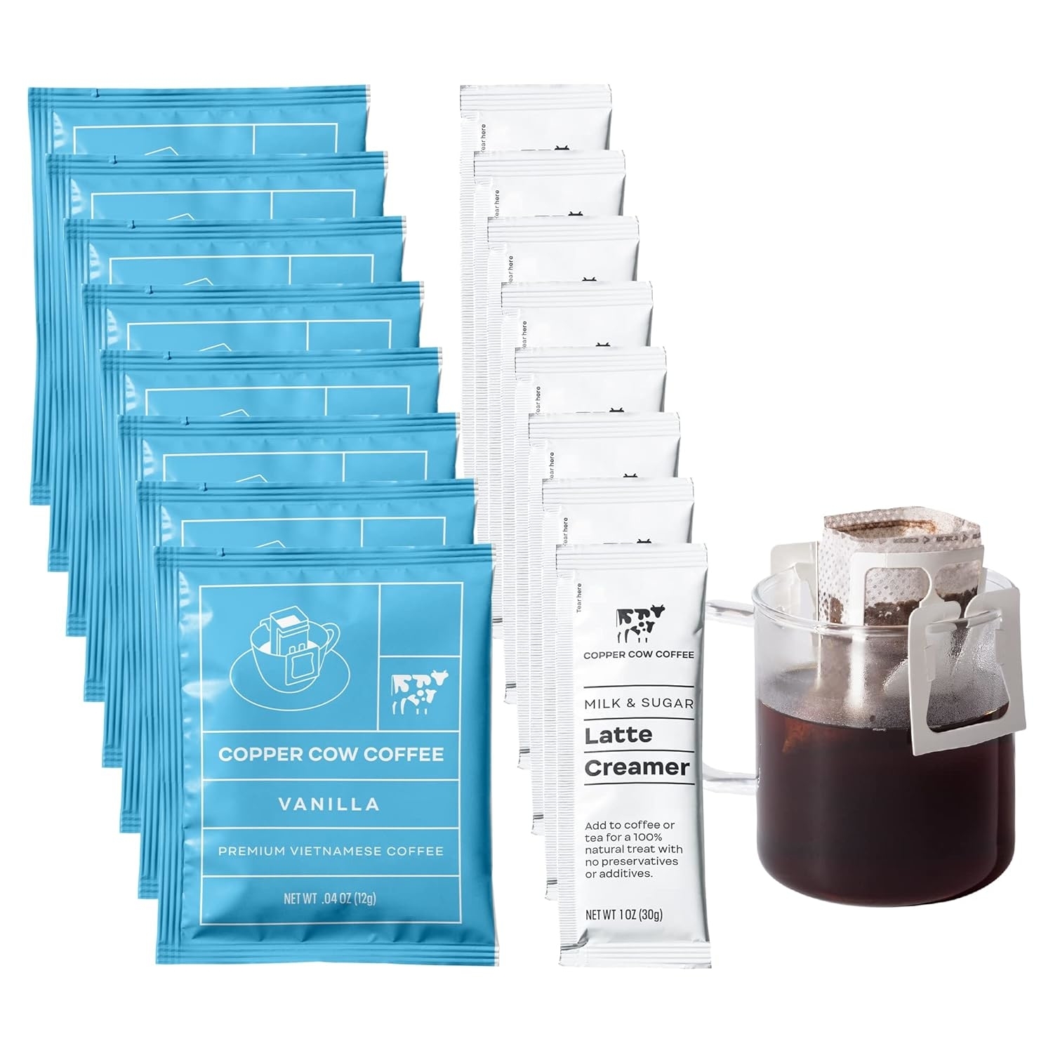 Packets of coffee and creamer on white background