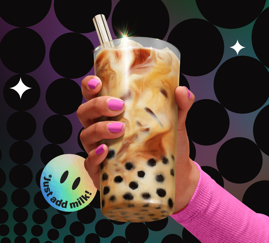 Model holding cup of brown sugar boba.