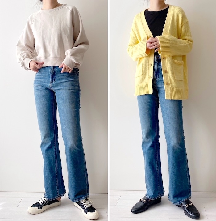 GUのオススメのパンツ「ミドルライズフレアジーンズ(丈標準73.0~77.0cm)」のコーディネート