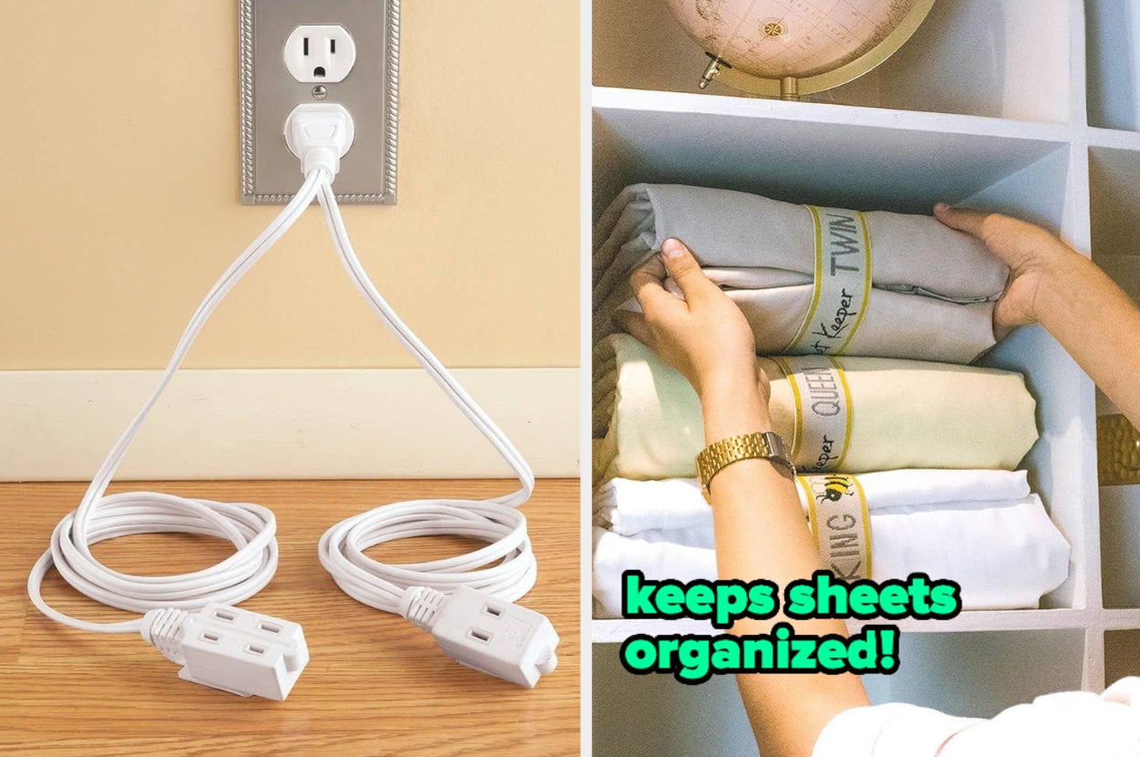a double ended extension chord plugged into wall / sheets separated with labels for king, queen, and twin