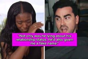 "Not only was he lying about his relationship status, he'd also given me a fake name" over a woman crying and a man gasping