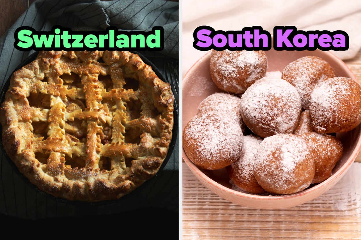 On the left, an apple pie labeled Switzerland, and on the right, some zeppole labeled South Korea