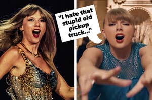 Taylor Swift at the eras tour next to a separate image of her dancing in the "Delicate" video.