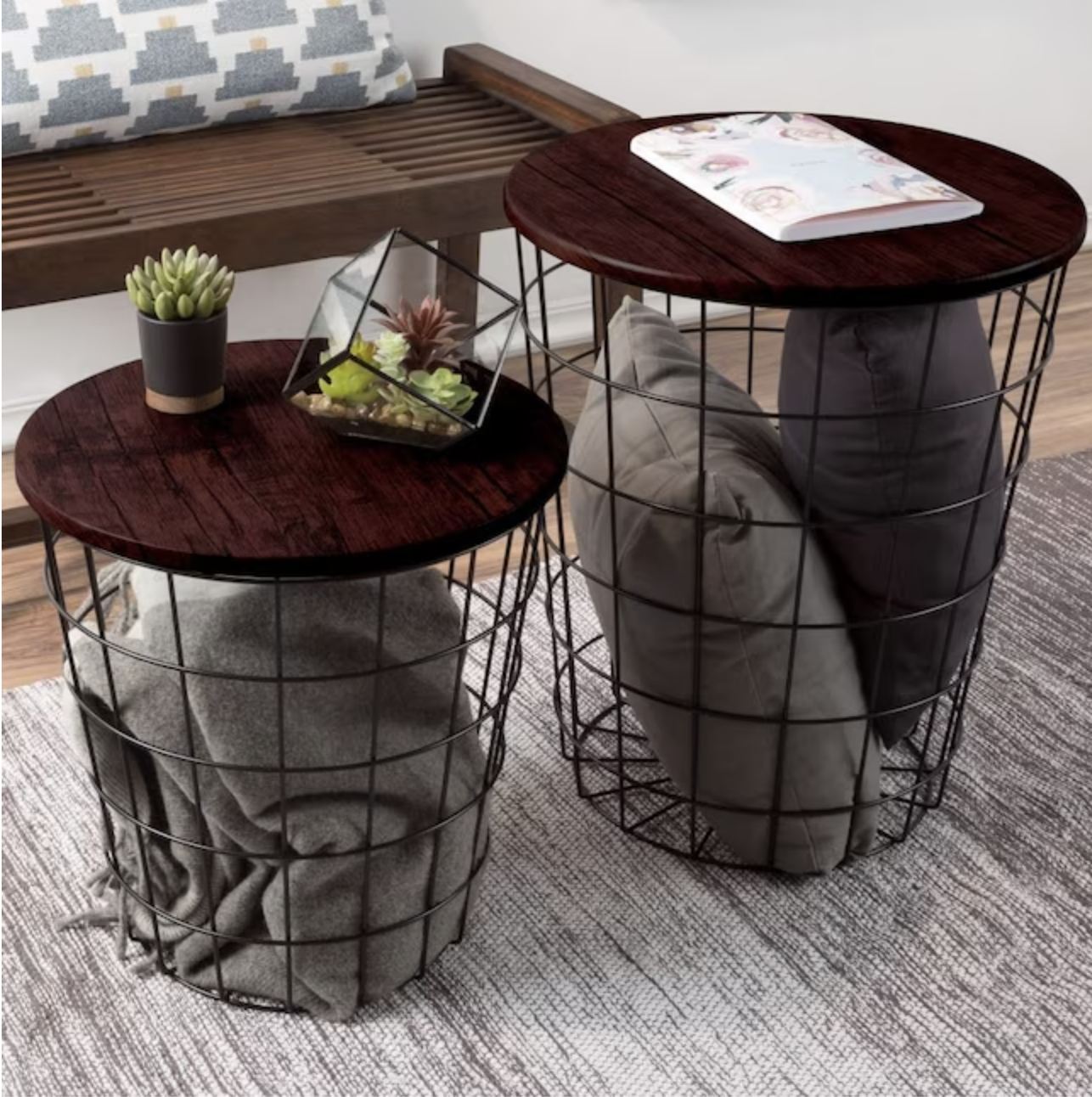 end tables with blankets and pillows inside