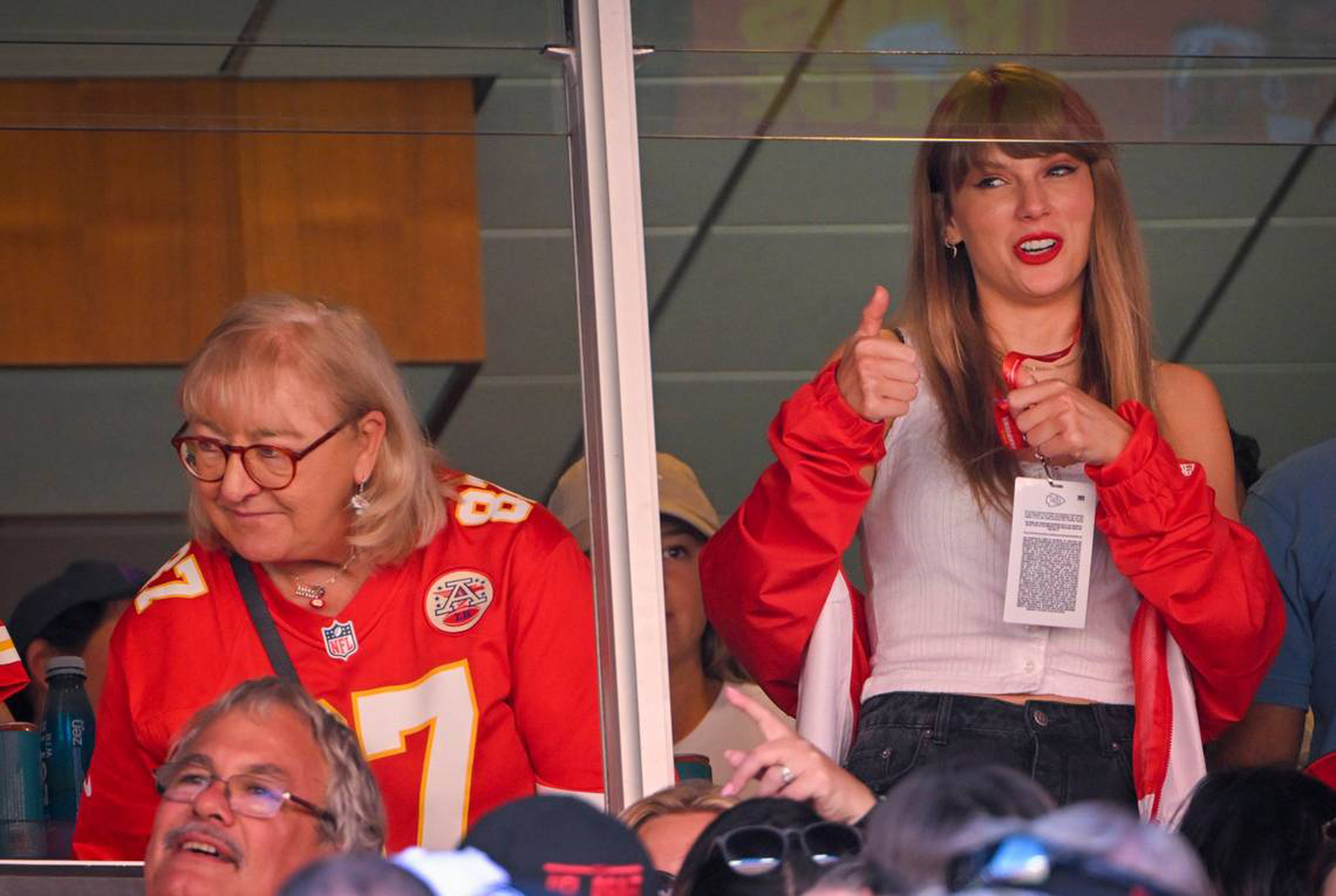 Closeup of Donna Kelce and Taylor Swift