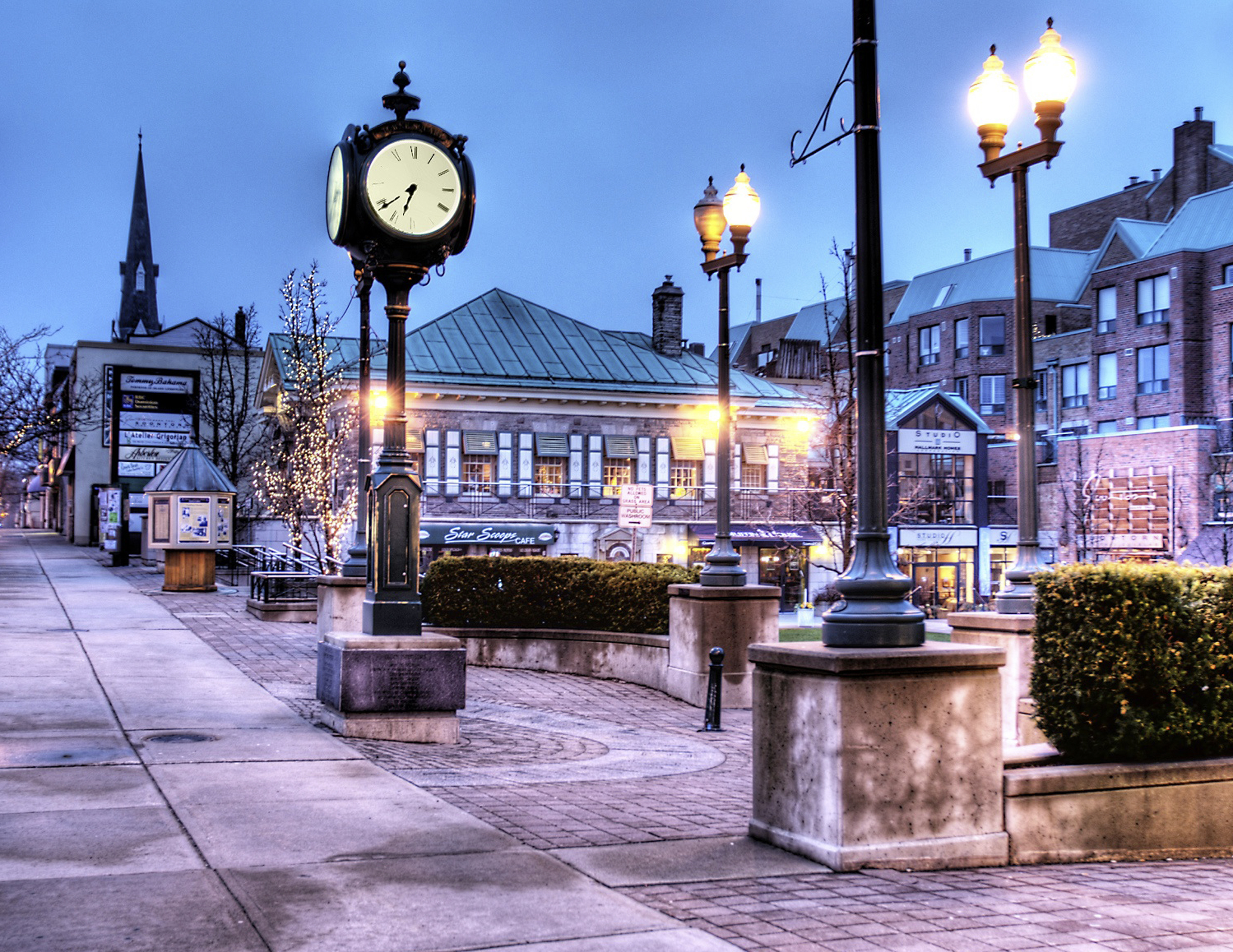 Downtown Oakville, Ontario with a grand clock.