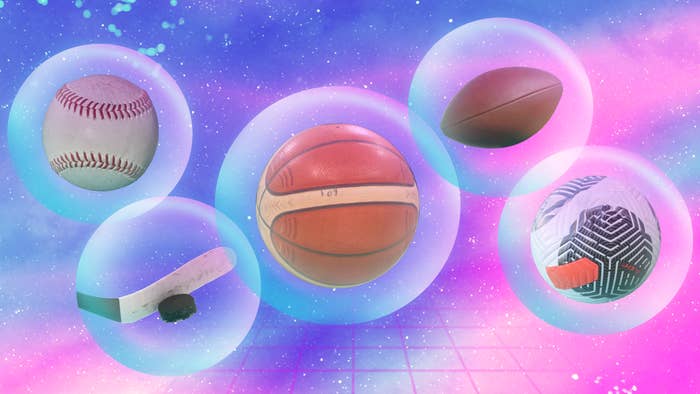 Baseball, puck, basketball, football, and soccer ball floating in space.
