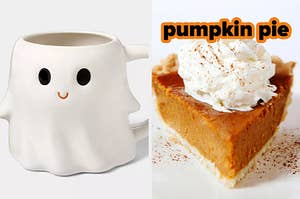 On the left, a smiling ghost mug, and on the right, a slice of pumpkin pie topped with whipped cream