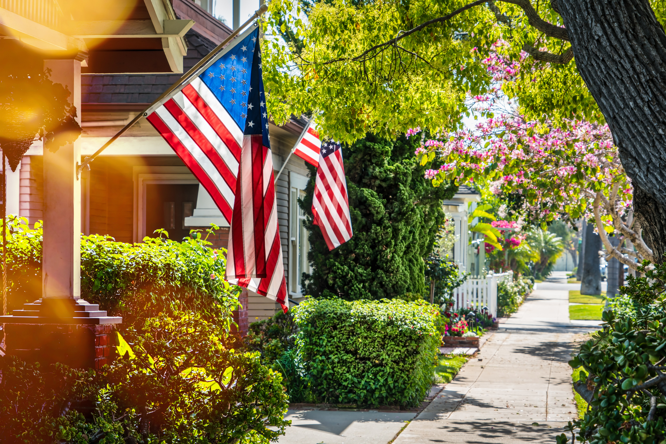 American flags outside of houses