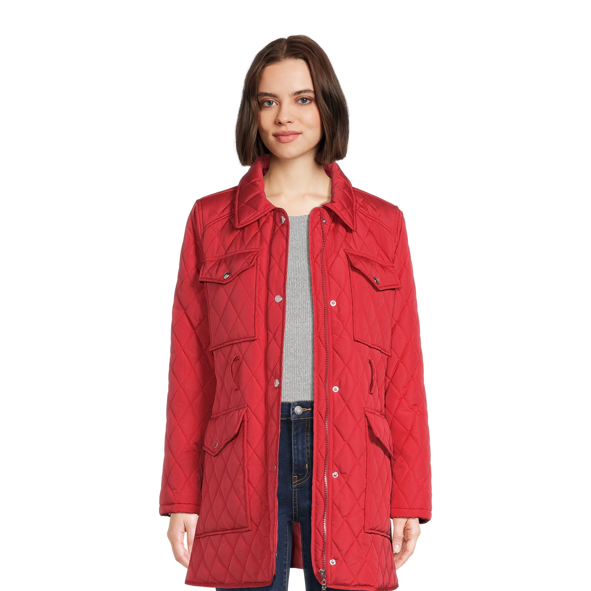 a model wearing the jacket in red, opened