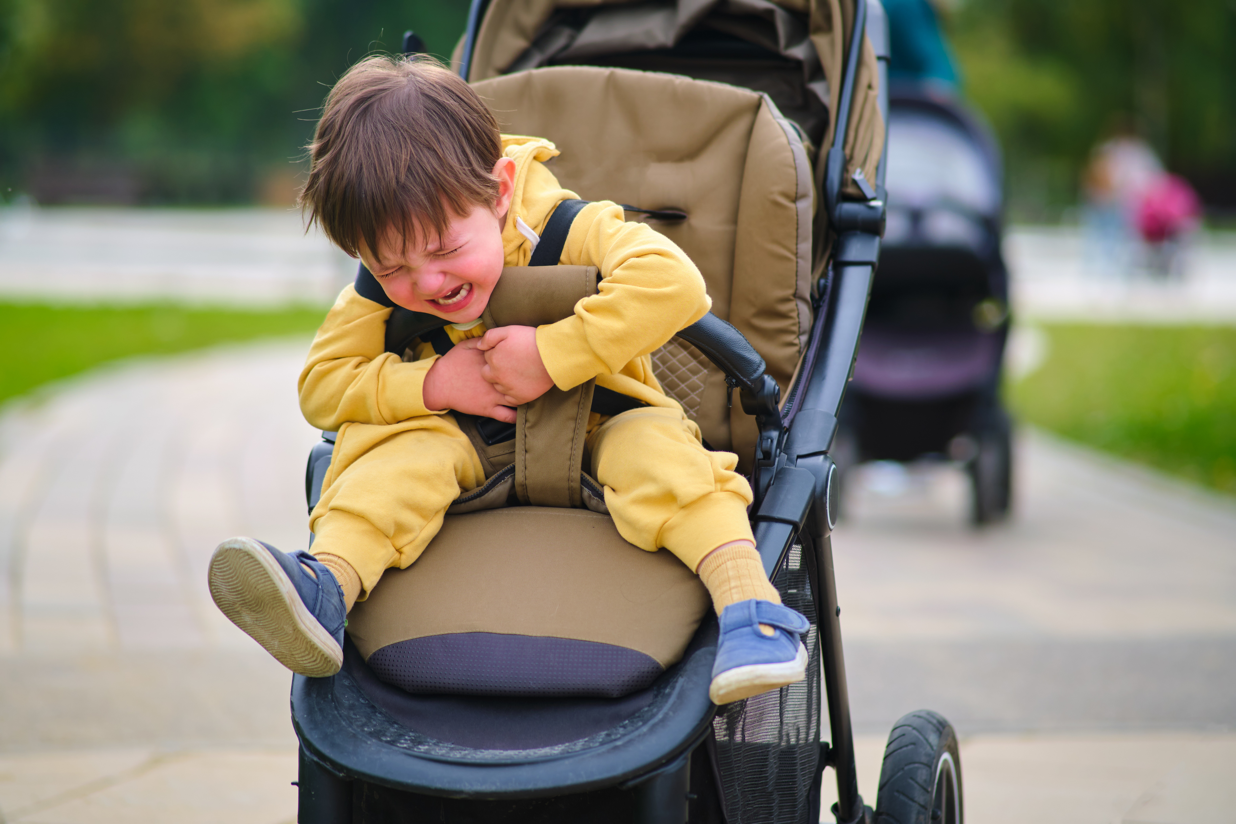 a young toddler in the park screaming in their stroller