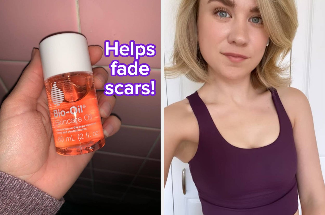 (left) bio oil (right) purple sports bra