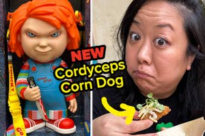 A chucky popcorn bucket and me eating a corn dog