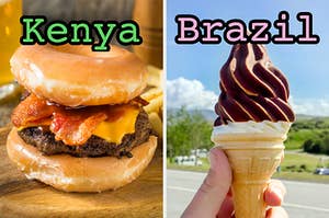 On the left, a bacon cheeseburger with a glazed donut bun labeled Kenya, and on the right, a vanilla soft serve cone dipped in chocolate labeled Brazil