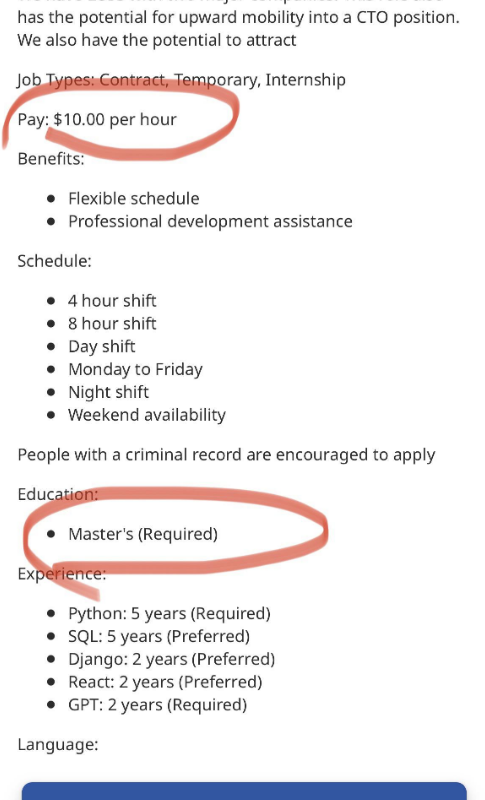 master&#x27;s degree required but $10 an hour pay