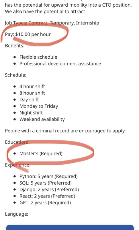 master's degree required but $10 an hour pay