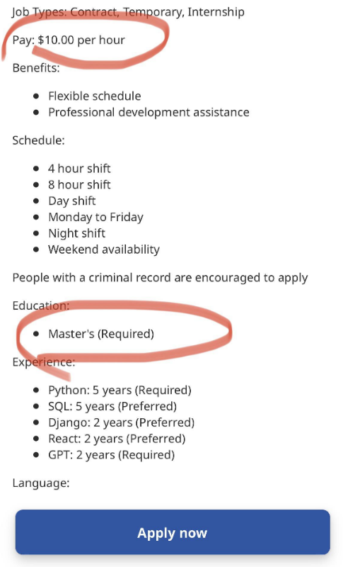master's degree required but $10 an hour pay