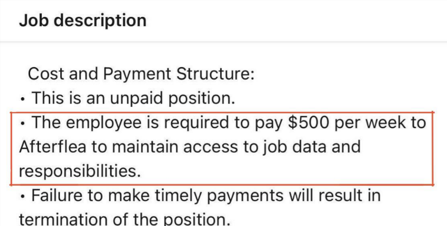 employee is required to pay $500 per week to afterflea to maintain access to job data
