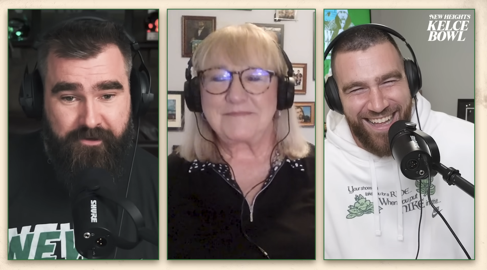 Close-ups of Jason, Donna, and Travis on the podcast