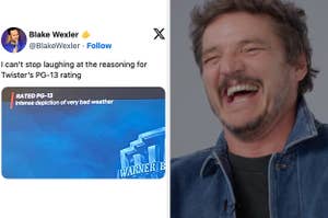 A tweet showing the reasoning for the movie Twister's PG-13 rating "Intense depiction of very bad weather" next to Pedro Pascal laughing
