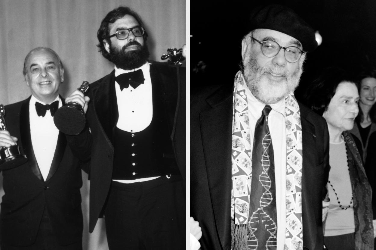 Francis Ford Coppola holding his oscars with his father carmine side by side a photo of him with his mother