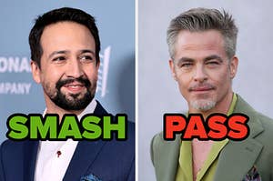 On the left, Lin Manuel Miranda labeled smash, and on the right, Chris Pine labeled pass