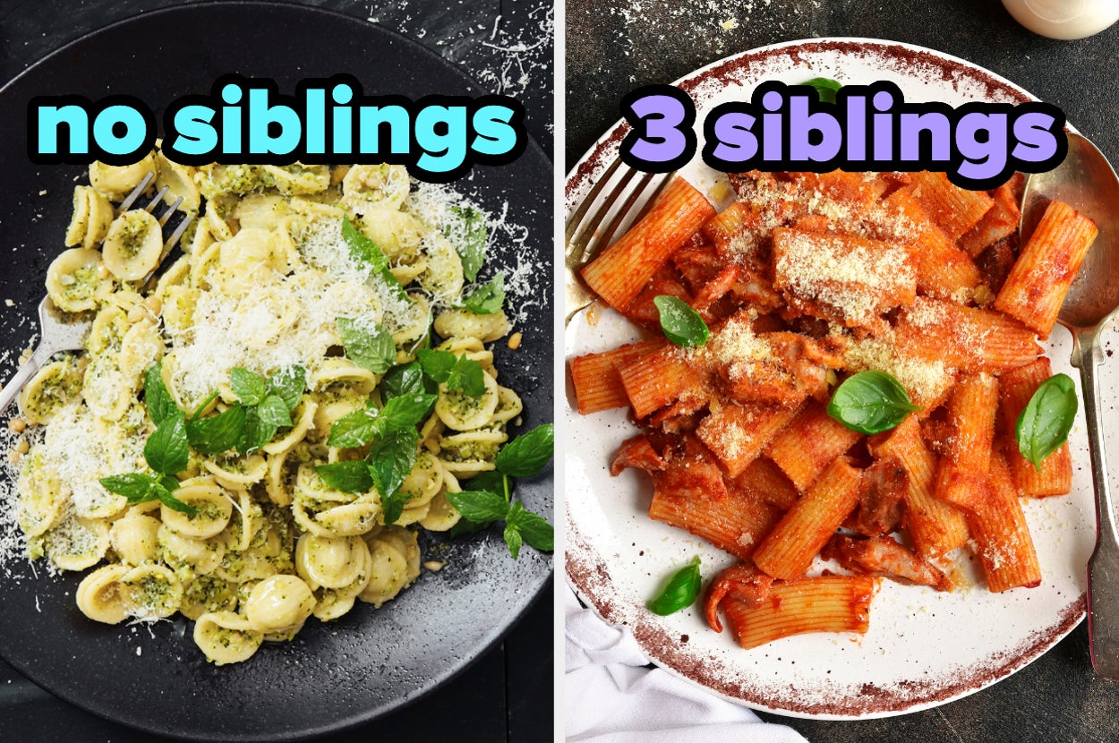 On the left, orecchiette with pesto and parmesan labeled no siblings, and on the right, some rigatoni with tomato sauce topped with parmesan labeled 3 siblings