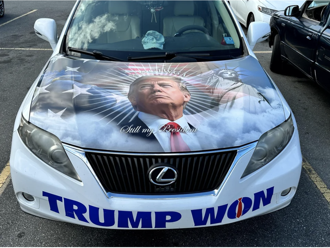 car decal with trump&#x27;s face on the front and words, trump won