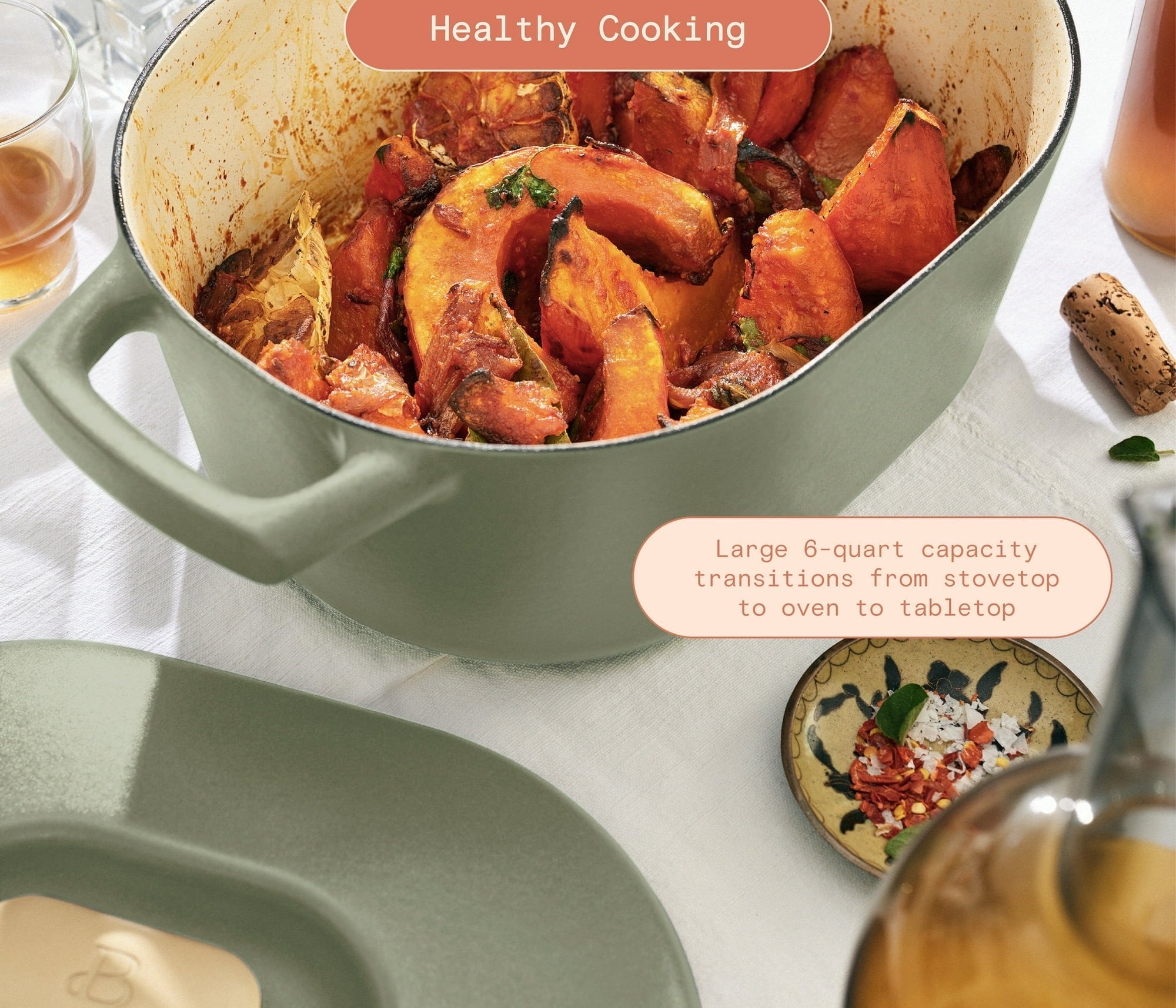 the mint green Dutch oven with squash inside