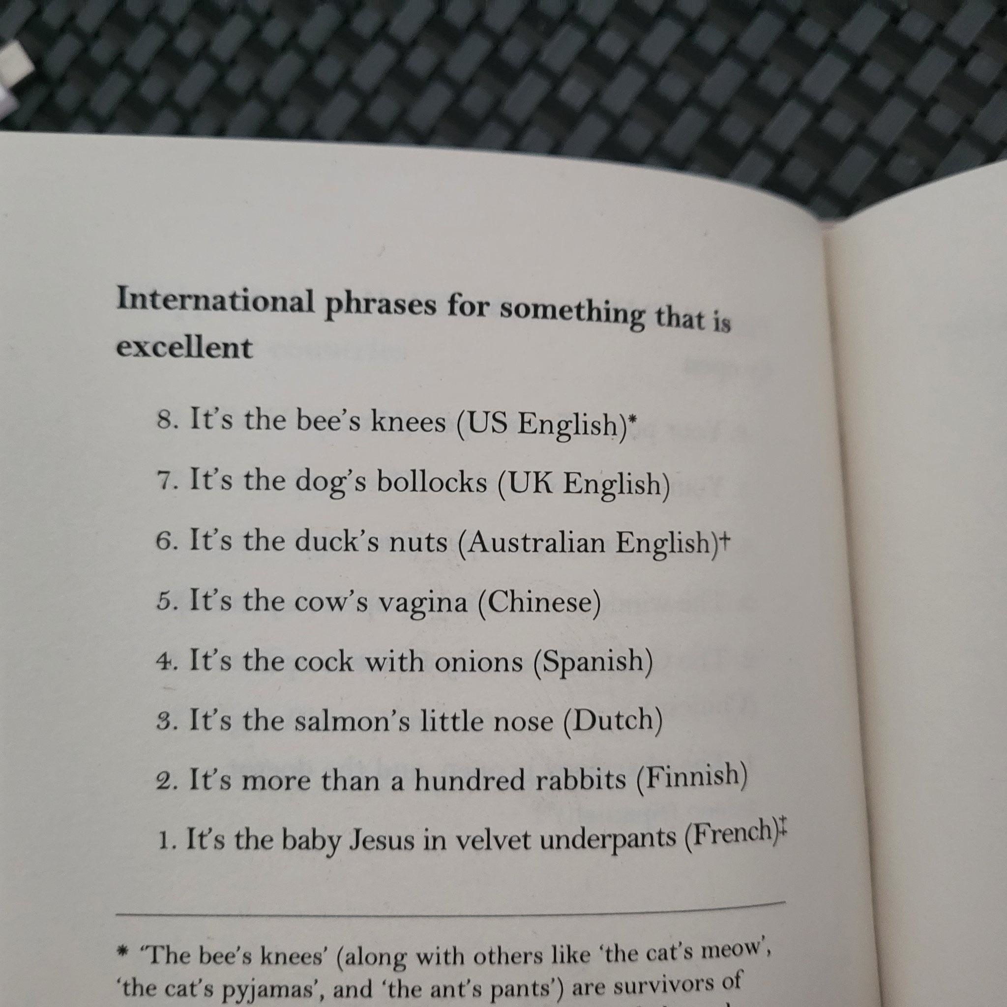 The other versions include &quot;dog's bollocks&quot; from England, &quot;duck's nuts&quot; from Australia, &quot;cow's vagina&quot; from China, and &quot;baby Jesus in velvet underpants&quot; from France