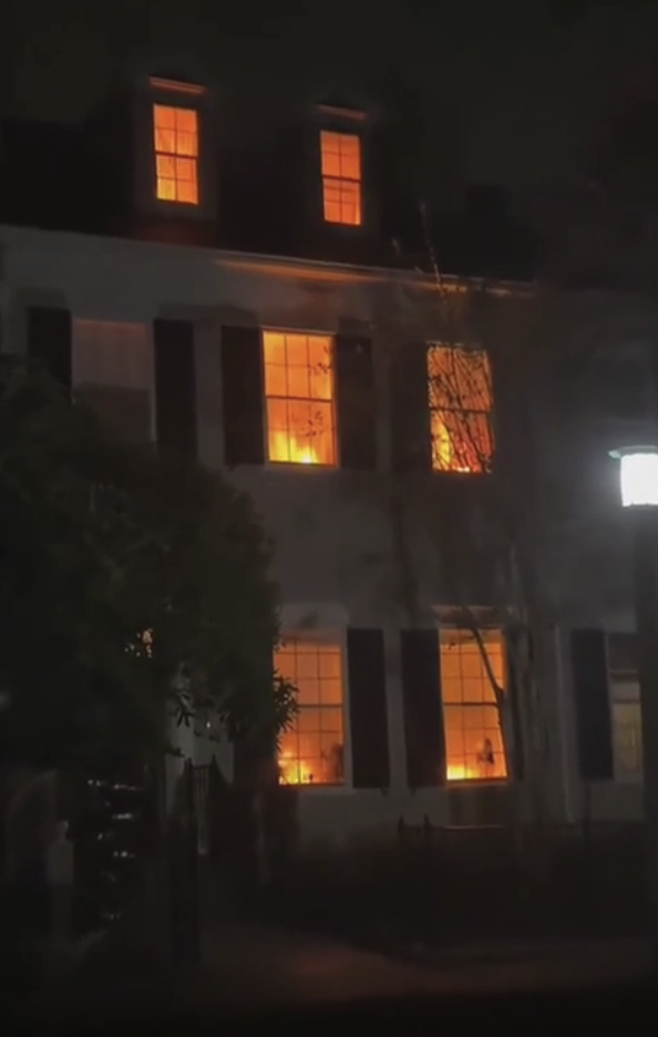 A house decorated to look like it's on fire