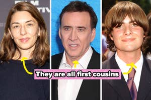 Sofia Coppola Nicolas Cage and Robert Schwartzman with the caption that they are all first cousins and arrows pointing