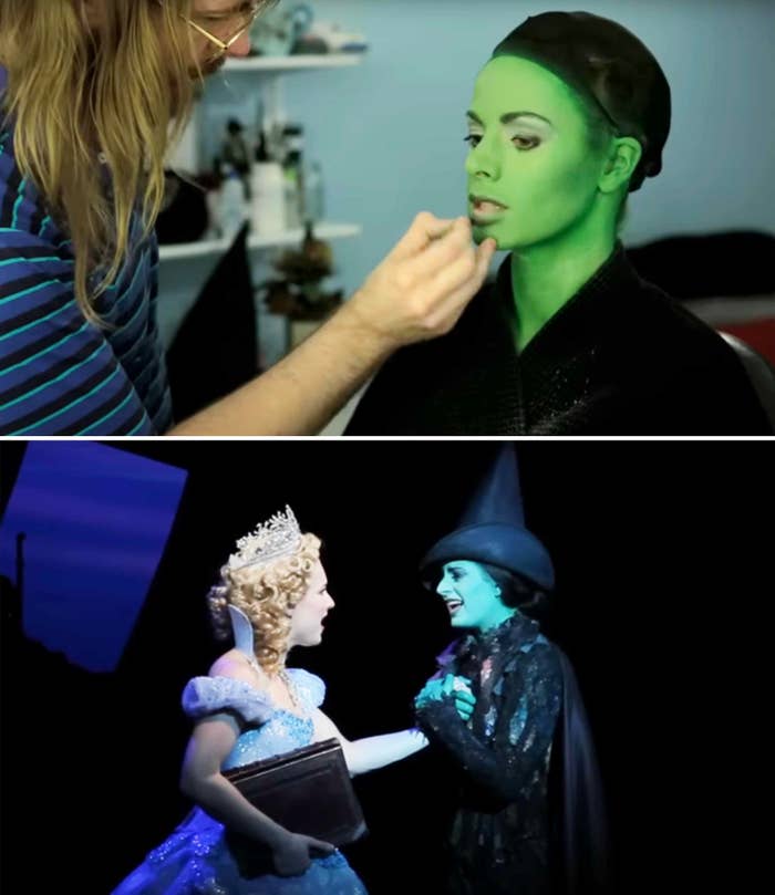 Actor having makeup applied and then onstage