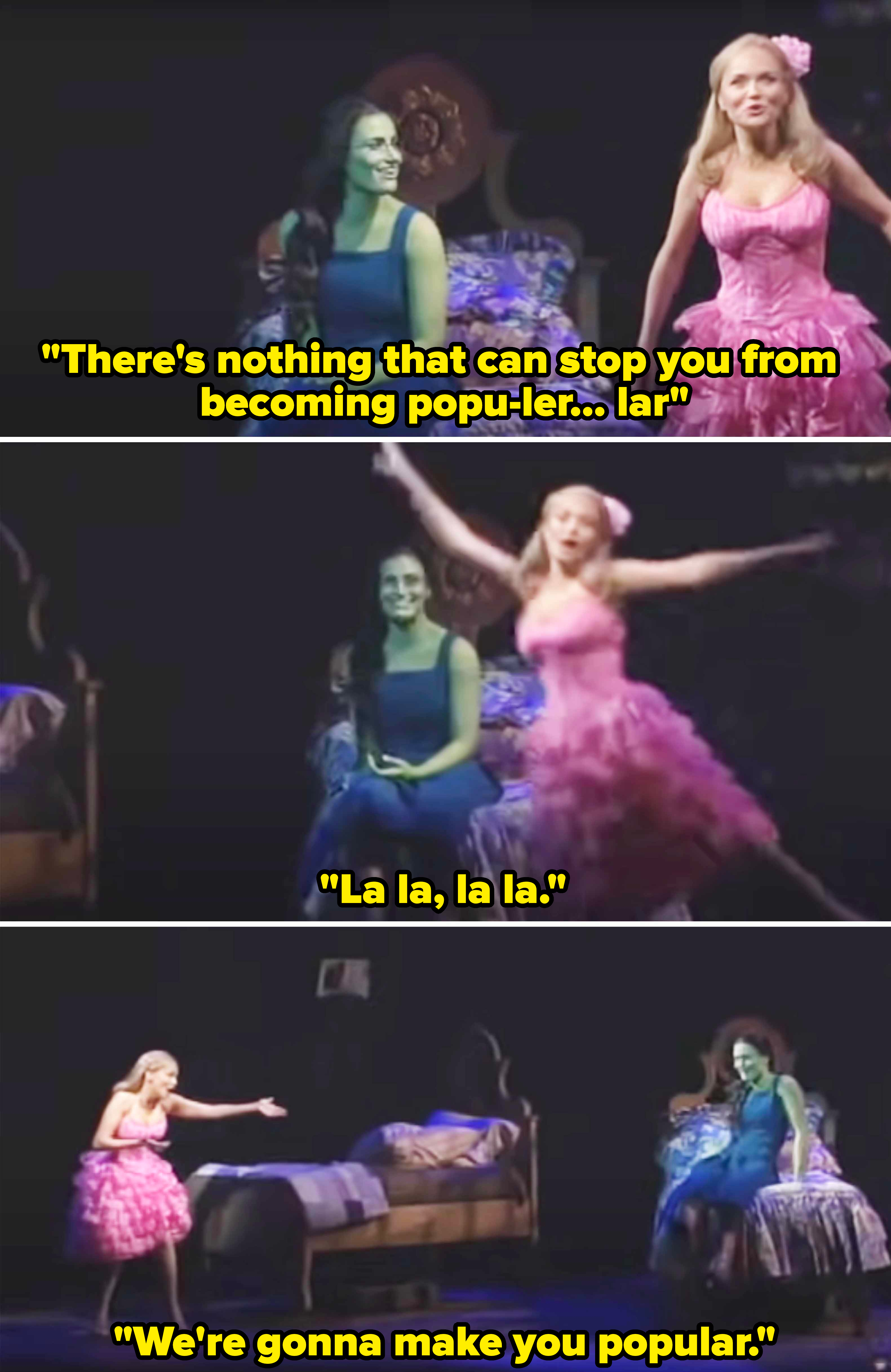 Kristin as Glinda singing &quot;There&#x27;s nothing that can stop you from becoming popu-ler, -lar&quot; and &quot;La-la-la-la&quot;