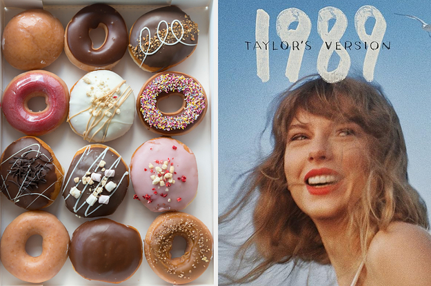 On the left, a box of assorted donuts, and on the right, Taylor Swift smiling on the 1989 Taylor's Version album cover