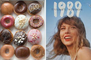On the left, a box of assorted donuts, and on the right, Taylor Swift smiling on the 1989 Taylor's Version album cover