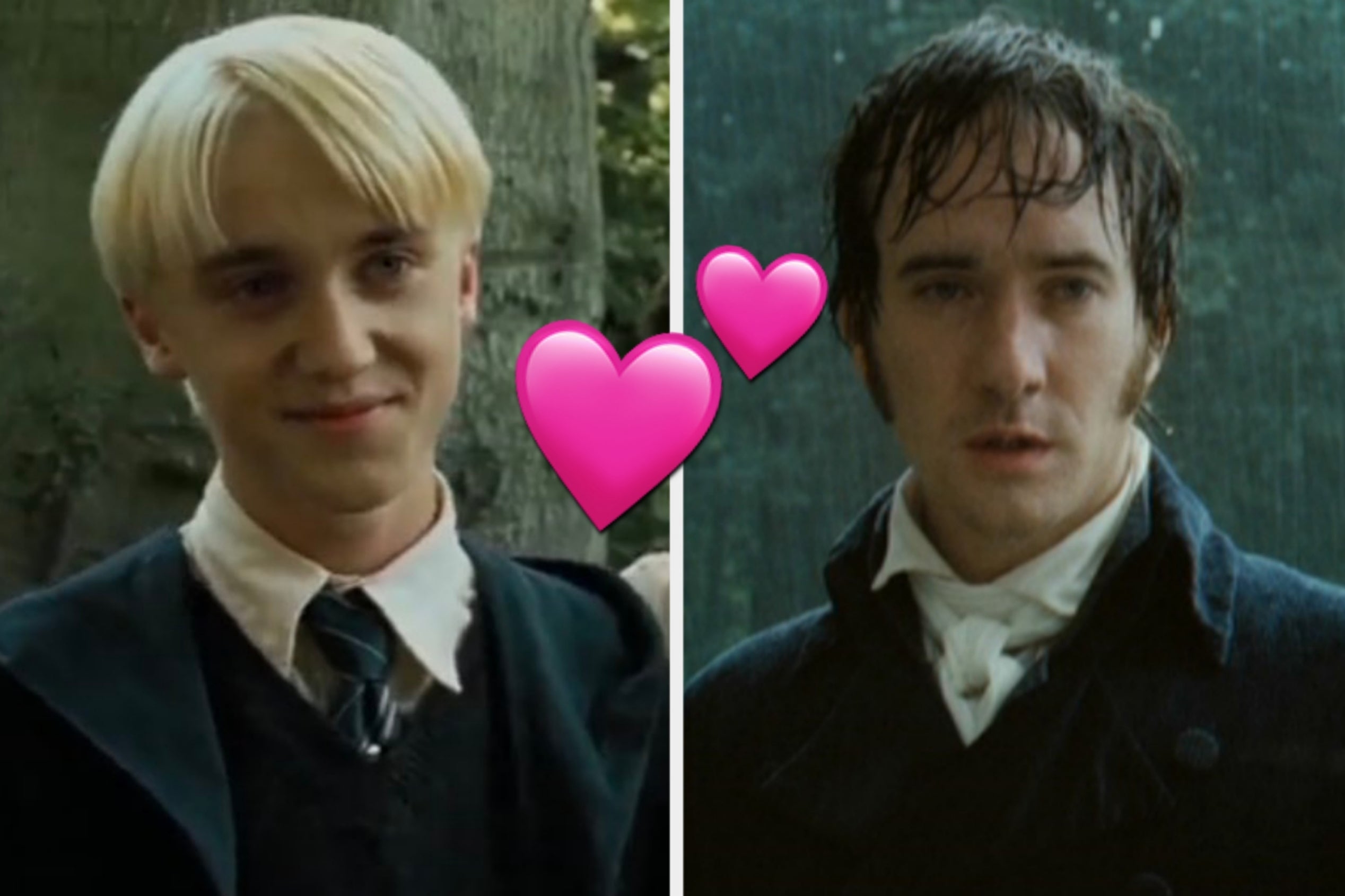 On the left, Draco Malfoy from Harry Potter smirking, and on the right. Matthew Macfadyen standing out in the rain as Mr. Darcy in Pride and Prejudice with two hearts placed in the middle of the two images