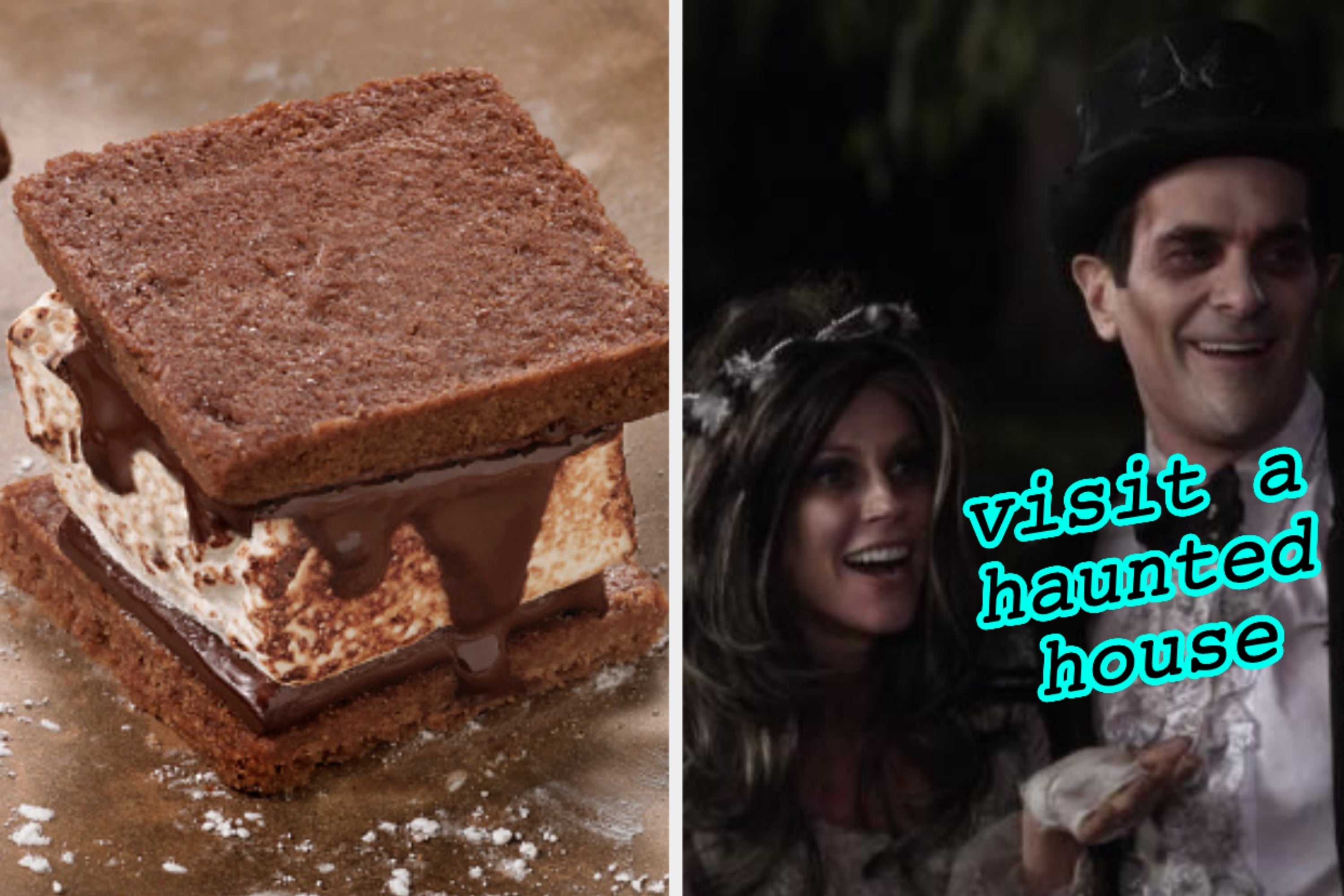 On the left, a homemade s&#x27;more made with chocolate cookies, and on the right, Claire and Phil from Modern Family dressed as a Corpse Bride and Groom with visit a haunted house typed under their chins