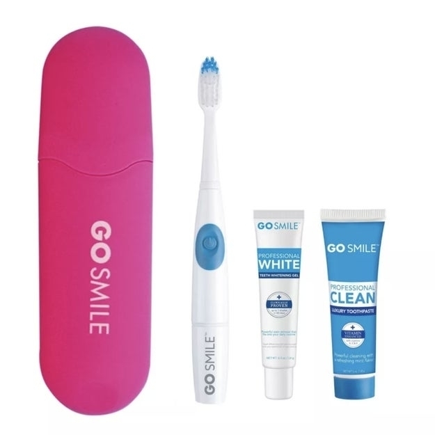 case, toothbrush, whitening gel, and toothpaste on display