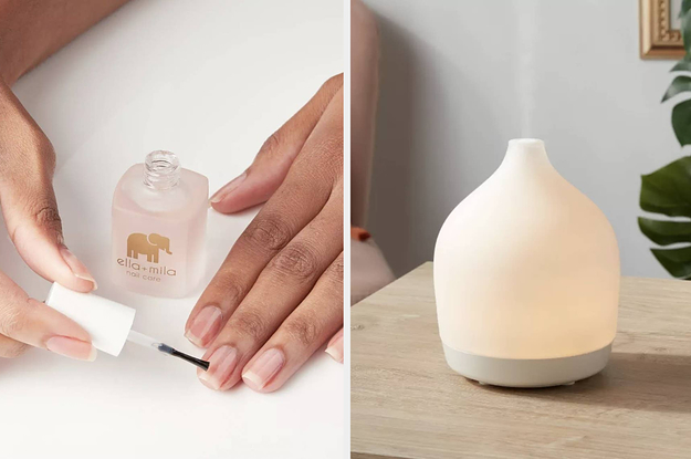 on left: model giving themselves a manicure with Ella+Mila nail strengthener. on right: color-changing oil diffuser