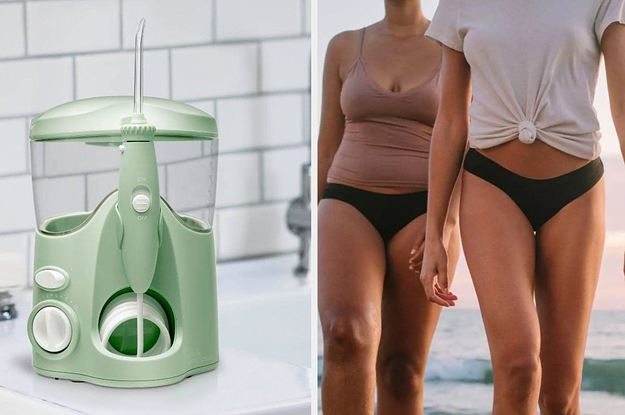 a green Waterpik flosser on the left and two models wearing black bikini period underwear on the right