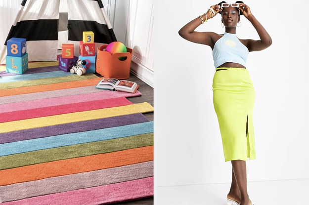 on left: colorful accent rug. on right: model wearing neon yellow skirt